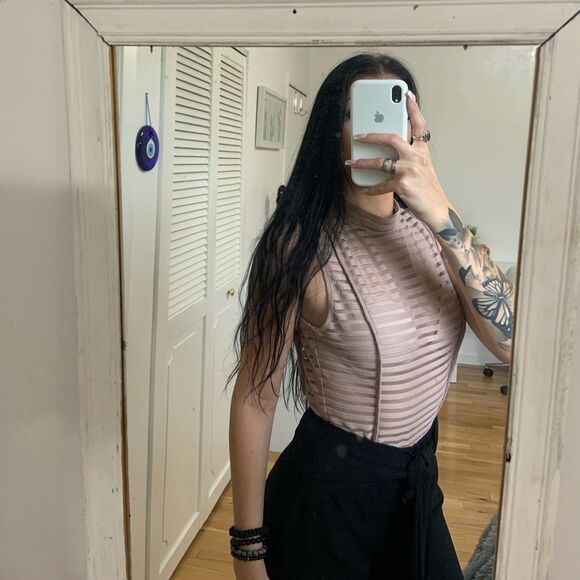 ⭐️Open back pink striped mesh bodysuit women’s medium - Picture 4 of 7